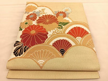 平和屋着物◎八寸名古屋帯　綴れ　青海波菊文　金糸　正絹　逸品　BAAU4895hv