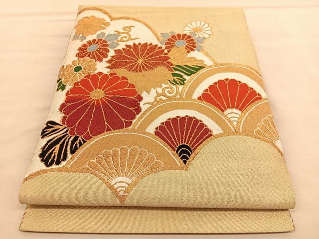 平和屋着物◎八寸名古屋帯　綴れ　青海波菊文　金糸　正絹　逸品　BAAU4895hv