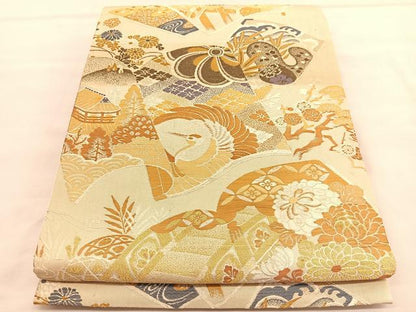 平和屋着物◎アンティーク　大正ロマン　全通柄京袋帯　唐織　冊子鶴花文　金糸　正絹　逸品　BAAU4900hv