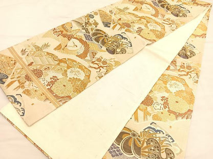 平和屋着物◎アンティーク　大正ロマン　全通柄京袋帯　唐織　冊子鶴花文　金糸　正絹　逸品　BAAU4900hv