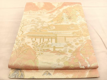 平和屋着物◎六通柄袋帯　美綾にしき　風景文　金銀糸　引箔　正絹　逸品　未使用　BAAU4911hv
