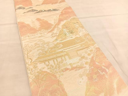 平和屋着物◎六通柄袋帯　美綾にしき　風景文　金銀糸　引箔　正絹　逸品　未使用　BAAU4911hv