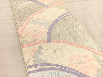 平和屋着物◎六通柄袋帯　唐織　立波牡丹文　銀糸　正絹　逸品　BAAU4922hv