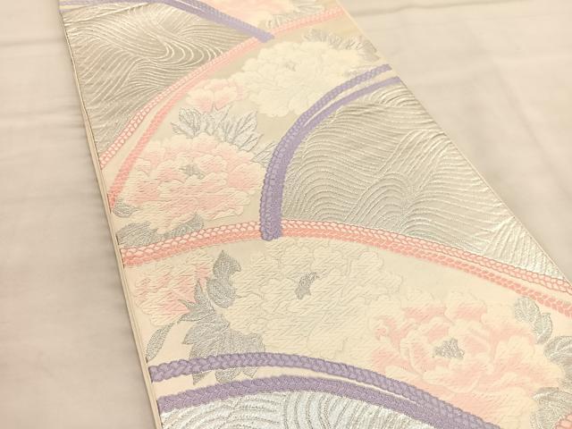 平和屋着物◎六通柄袋帯　唐織　立波牡丹文　銀糸　正絹　逸品　BAAU4922hv