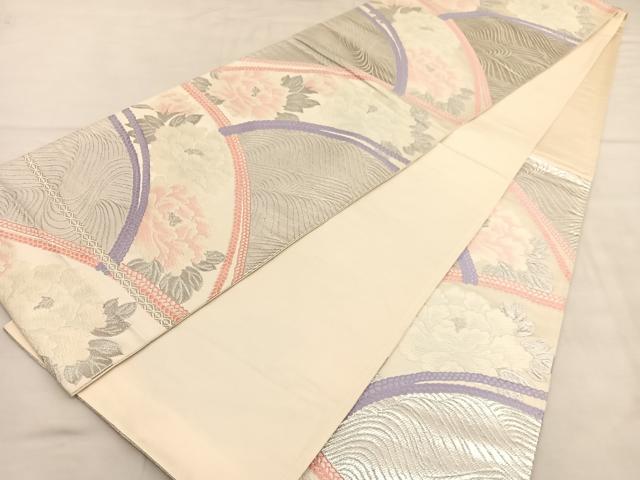 平和屋着物◎六通柄袋帯　唐織　立波牡丹文　銀糸　正絹　逸品　BAAU4922hv