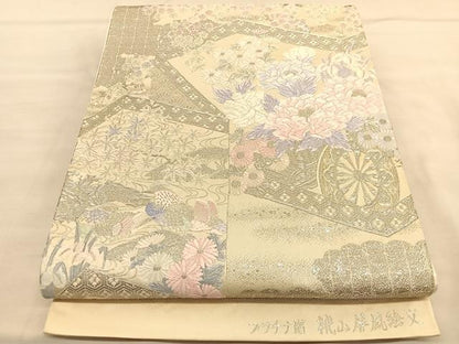 平和屋着物◎六通柄袋帯　唐織　桃山屏風絵文　プラチナ箔　正絹　逸品　BAAU4942hv