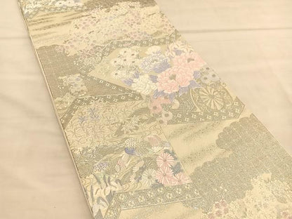 平和屋着物◎六通柄袋帯　唐織　桃山屏風絵文　プラチナ箔　正絹　逸品　BAAU4942hv