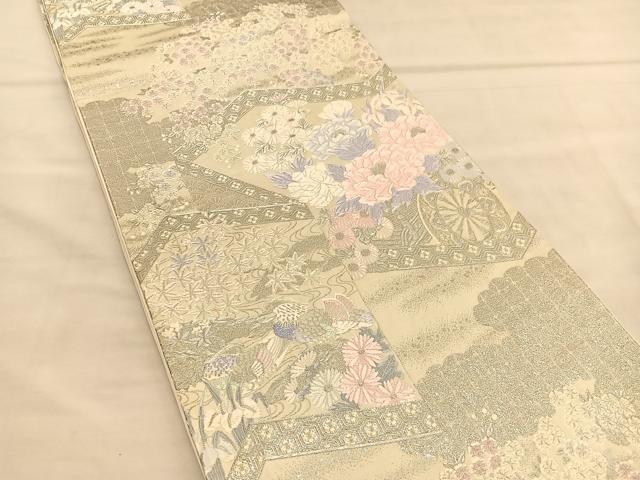 平和屋着物◎六通柄袋帯　唐織　桃山屏風絵文　プラチナ箔　正絹　逸品　BAAU4942hv