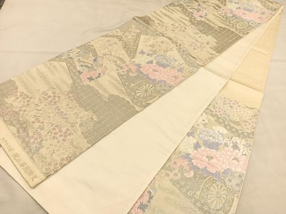 平和屋着物◎六通柄袋帯　唐織　桃山屏風絵文　プラチナ箔　正絹　逸品　BAAU4942hv