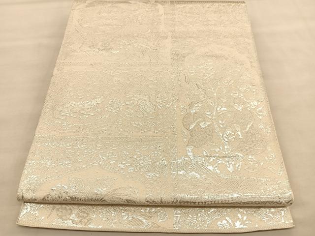 平和屋着物◎六通柄袋帯　動物人物花文　銀糸　正絹　逸品　BAAU4948hv