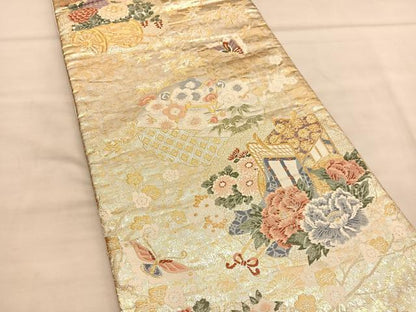 平和屋着物◎六通柄袋帯　唐織　御所車花蝶文　金銀糸　正絹　逸品　BAAU4957hv