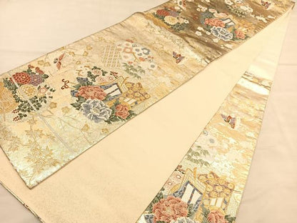 平和屋着物◎六通柄袋帯　唐織　御所車花蝶文　金銀糸　正絹　逸品　BAAU4957hv
