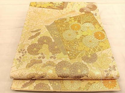 平和屋着物◎六通柄袋帯　色紙菊花文　金糸　正絹　逸品　BAAU4985hv