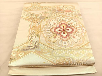 平和屋着物◎太鼓柄袋帯　駒刺繍　鳳凰亀甲花文　金彩　引箔　正絹　逸品　BAAU4993hv