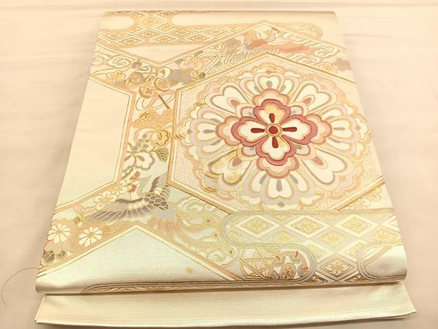 平和屋着物◎太鼓柄袋帯　駒刺繍　鳳凰亀甲花文　金彩　引箔　正絹　逸品　BAAU4993hv