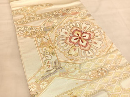 平和屋着物◎太鼓柄袋帯　駒刺繍　鳳凰亀甲花文　金彩　引箔　正絹　逸品　BAAU4993hv