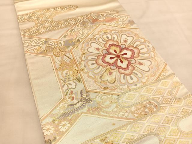 平和屋着物◎太鼓柄袋帯　駒刺繍　鳳凰亀甲花文　金彩　引箔　正絹　逸品　BAAU4993hv