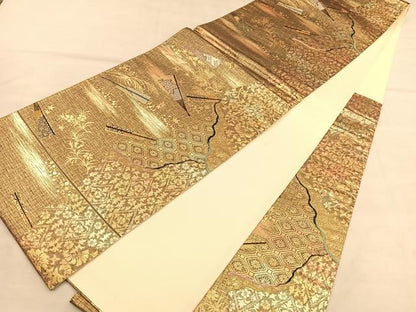 平和屋着物◎六通柄袋帯　唐織　扇面花唐草文　金銀糸　正絹　逸品　BAAU4994hv