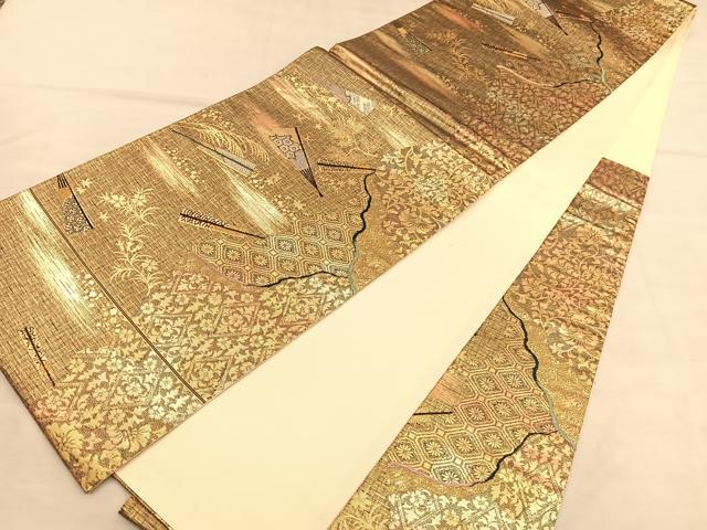 平和屋着物◎六通柄袋帯　唐織　扇面花唐草文　金銀糸　正絹　逸品　BAAU4994hv