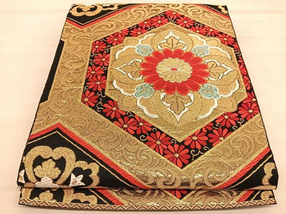 平和屋着物◎六通柄袋帯　唐織　亀甲花文　黒地　金糸　正絹　逸品　BAAU5000hv