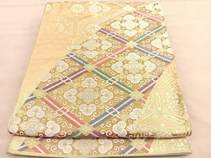 平和屋着物◎六通柄袋帯　唐織　菱天井唐草文　金糸　正絹　逸品　BAAU5020hv