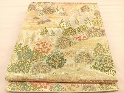 平和屋着物◎六通柄袋帯　唐織　風景文　金糸　正絹　逸品　BAAU5021hv