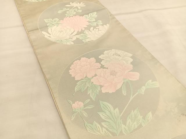 平和屋着物◎六通柄袋帯　丸紋　牡丹　銀糸　正絹　逸品　BAAU5027hv