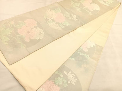 平和屋着物◎六通柄袋帯　丸紋　牡丹　銀糸　正絹　逸品　BAAU5027hv