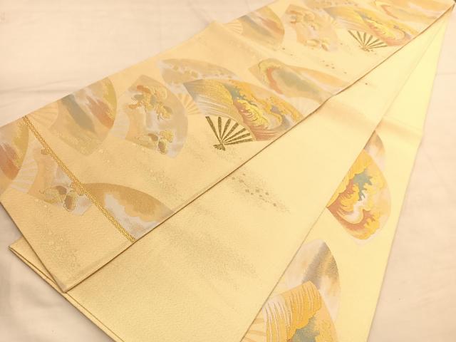 平和屋着物◎両面　六通柄袋帯　波涛扇面文　金糸　正絹　逸品　BAAU5060hv