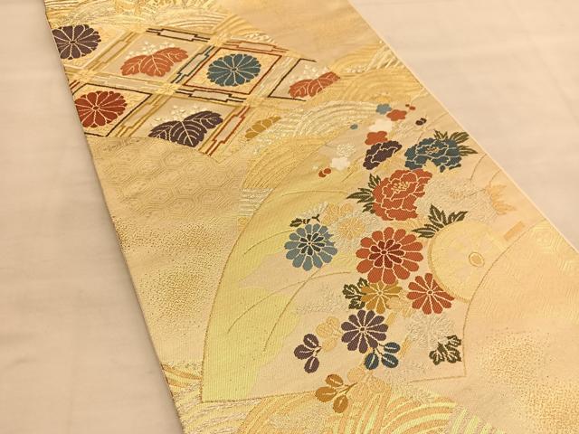 平和屋着物◎六通柄袋帯　紫鳳錦　地紙花車文　金糸　正絹　逸品　BAAU5066hv