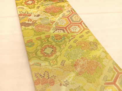 平和屋着物◎七彩佐賀錦　六通柄袋帯　檜扇花文　金糸　正絹　逸品　BAAU5102hv
