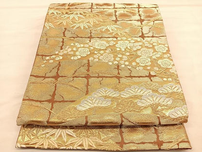 平和屋着物◎六通柄袋帯　唐織　松竹梅　金糸　正絹　逸品　BAAU5108hv