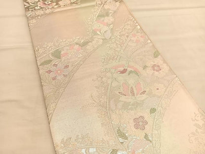 平和屋着物◎六通柄袋帯　唐織　更紗花鳥文　銀糸　正絹　逸品　BAAU5110hv