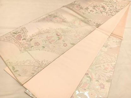 平和屋着物◎六通柄袋帯　唐織　更紗花鳥文　銀糸　正絹　逸品　BAAU5110hv