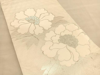 平和屋着物◎六通柄袋帯　唐織　牡丹　銀糸　正絹　逸品　BAAU5125hv