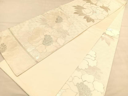 平和屋着物◎六通柄袋帯　唐織　牡丹　銀糸　正絹　逸品　BAAU5125hv