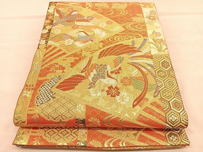 平和屋着物◎佐賀錦　六通柄袋帯　鳳凰扇面花文　金糸　正絹　逸品　BAAU5130hv