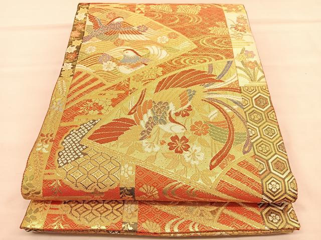 平和屋着物◎佐賀錦　六通柄袋帯　鳳凰扇面花文　金糸　正絹　逸品　BAAU5130hv