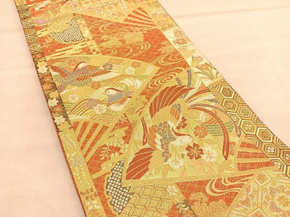 平和屋着物◎佐賀錦　六通柄袋帯　鳳凰扇面花文　金糸　正絹　逸品　BAAU5130hv