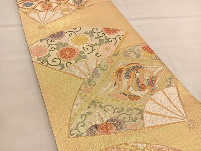 平和屋着物◎六通柄袋帯　唐織　鳳凰扇面花唐草文　金糸　正絹　逸品　BAAU5172hv