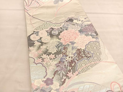 平和屋着物◎六通柄袋帯　唐織　草花錦　プラチナ二重織　花車文　正絹　逸品　BAAU5181hv