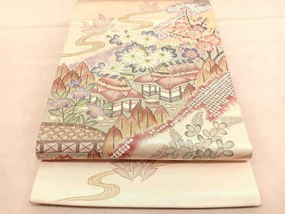平和屋着物◎太鼓柄袋帯　作家物　御所解花文　金彩　引箔　正絹　逸品　BAAU5182hv