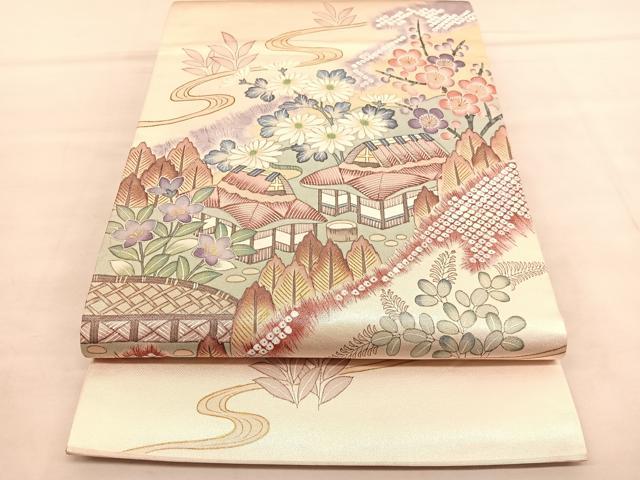 平和屋着物◎太鼓柄袋帯　作家物　御所解花文　金彩　引箔　正絹　逸品　BAAU5182hv