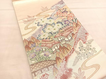 平和屋着物◎太鼓柄袋帯　作家物　御所解花文　金彩　引箔　正絹　逸品　BAAU5182hv