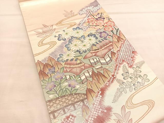 平和屋着物◎太鼓柄袋帯　作家物　御所解花文　金彩　引箔　正絹　逸品　BAAU5182hv