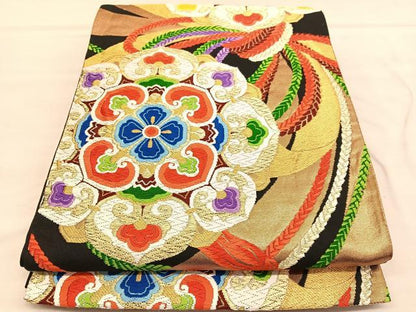 平和屋着物◎六通柄袋帯　唐織　束ね熨斗宝相華　黒地　金糸　正絹　逸品　BAAU5187hv