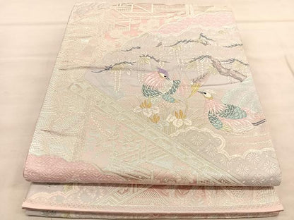 平和屋着物◎六通柄袋帯　唐織　王鳥扇花文　銀糸　正絹　逸品　BAAU5189hv
