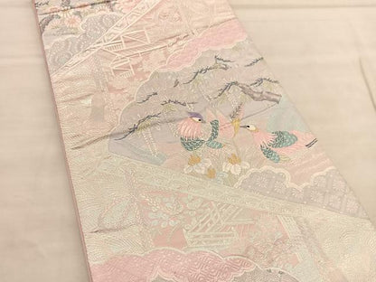 平和屋着物◎六通柄袋帯　唐織　王鳥扇花文　銀糸　正絹　逸品　BAAU5189hv
