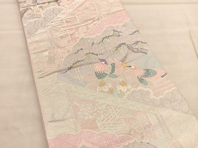 平和屋着物◎六通柄袋帯　唐織　王鳥扇花文　銀糸　正絹　逸品　BAAU5189hv