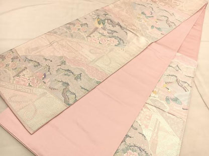 平和屋着物◎六通柄袋帯　唐織　王鳥扇花文　銀糸　正絹　逸品　BAAU5189hv